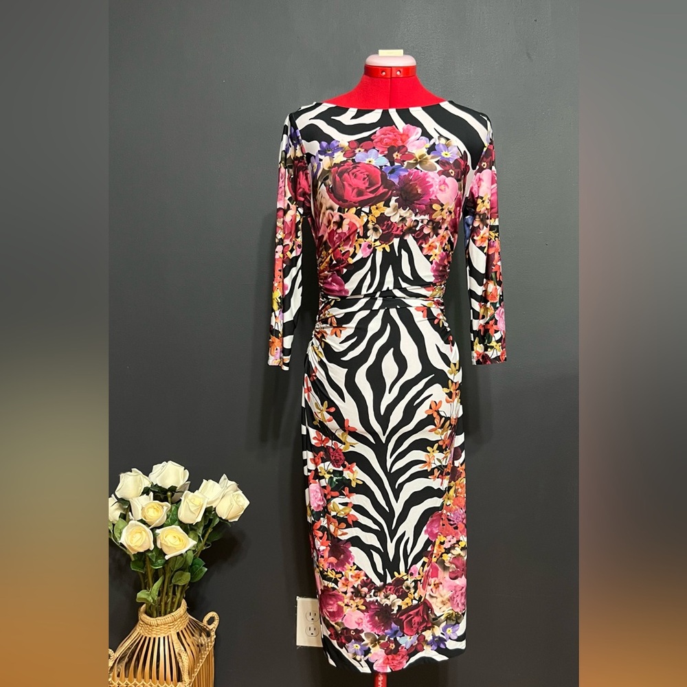 Boston Proper Zebra Floral Print Ruched Bodycon Midi Dress Size 4